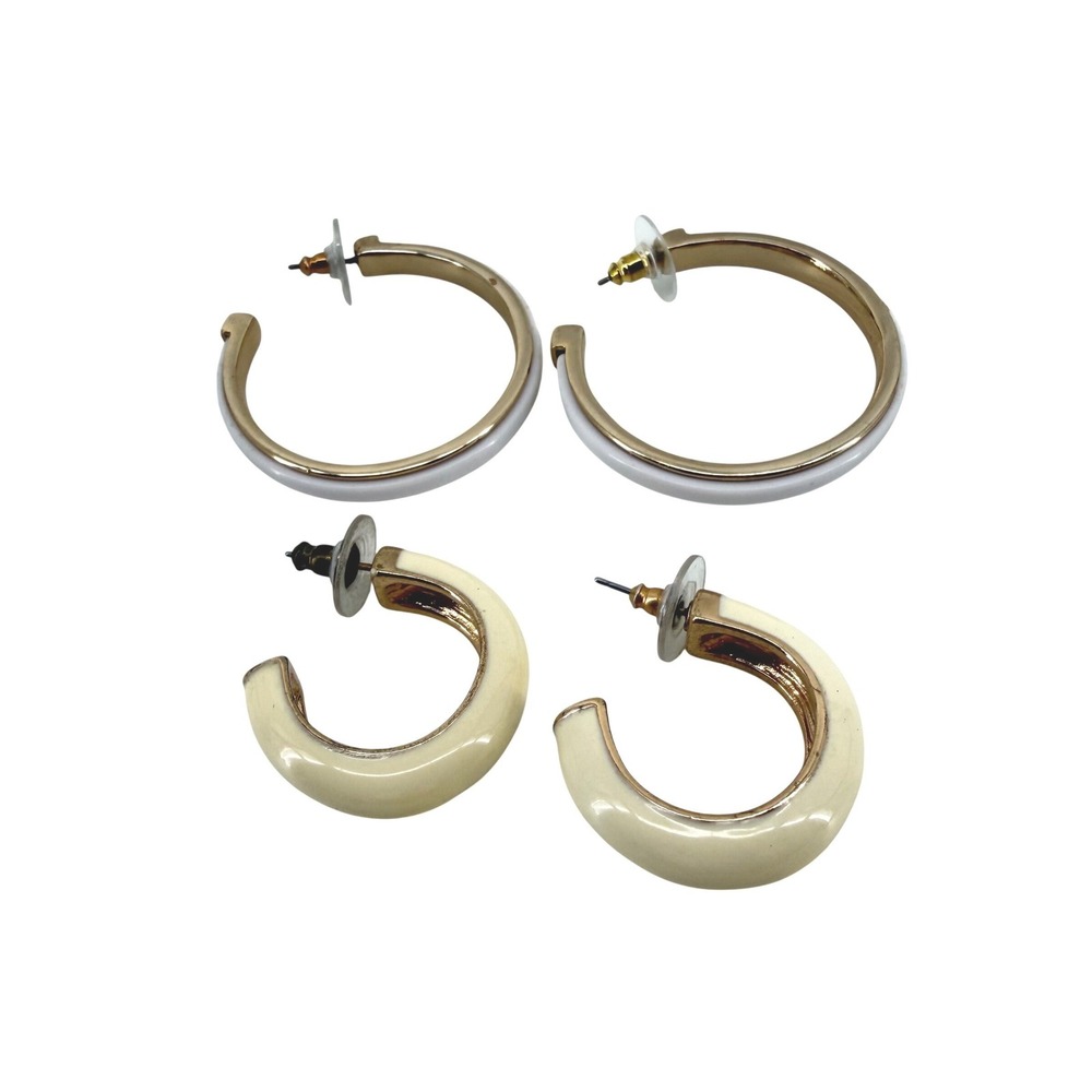 DKNY Joan Rivers Hoop Earrings Set Gold Tone White Cream Enamel 2 Pairs